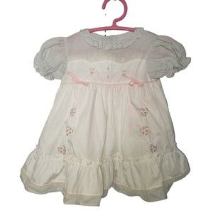 VINTAGE White and Blue Baby Doll Dress with Pink Embroidered Flowers